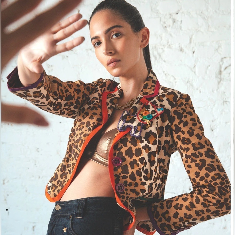 Moschino Cheap & Chic Leopard Print Blazer Jacket Red Trim Applique Size 14